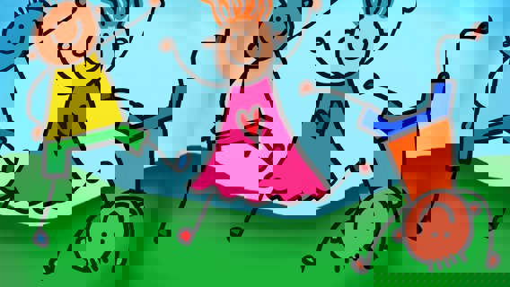 Tecknad bild av tre lekande barn