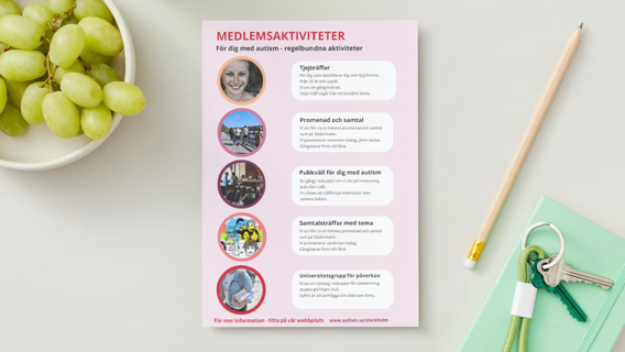 På bilden syns ett rosa papper med bilder och information om våra aktiviteter