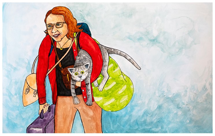 Illustration på Hanna Danmo med packning och sin katt.